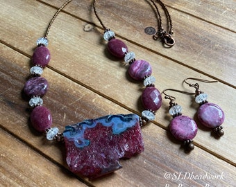 Stalactite pendentif ensemble violet violet dentelle folle agate boucles d'oreilles en pierre brute ensemble bijoux faits à la main boho hippie cristal cuivre bijoux pour femmes