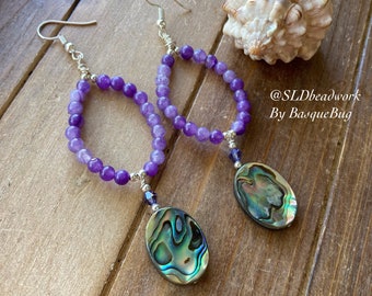 Abalone earrings beach dangle earrings tropical amethyst purple wire wrap handmade natural gemstone unique jewelry boho earrings for women