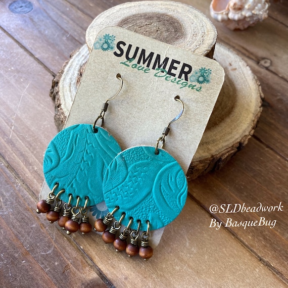 Leather Earrings Bronze Blue Earrings Boho Tropical Wood Earrings