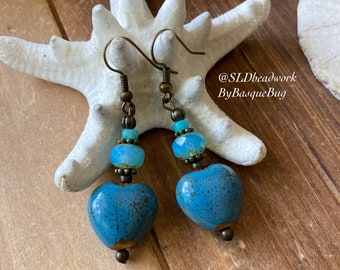 Heart earrings blue ceramic earrings dangle boho earrings handmade czech glass crystal gift bronze artisan clay art unique jewelry for women