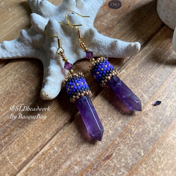 Amethyst Wrap Earrings Crystal Gemstone Stone Peyote Seed Beaded
