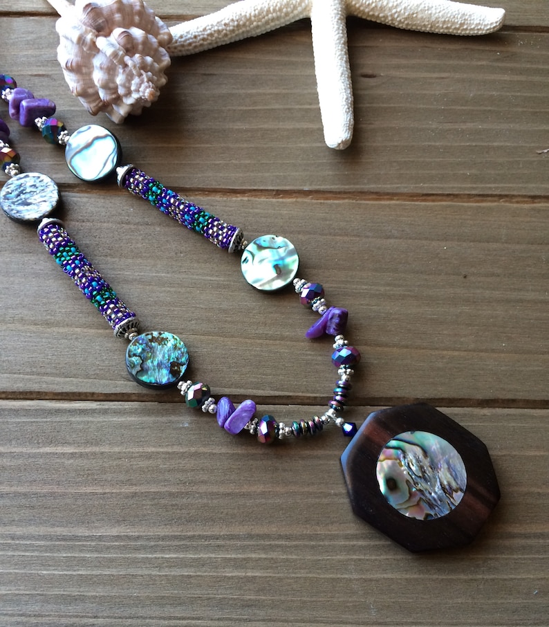 Abalone necklace shell rare kamagong hardwood necklace tribal boho necklace beach tropical gift stone wood necklace unique jewelry women SLD