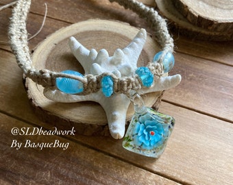 Light blue glass necklace hemp choker flower bohemian jewelry hippie lamp work artisan necklace festival sustainable tie on jewelry women