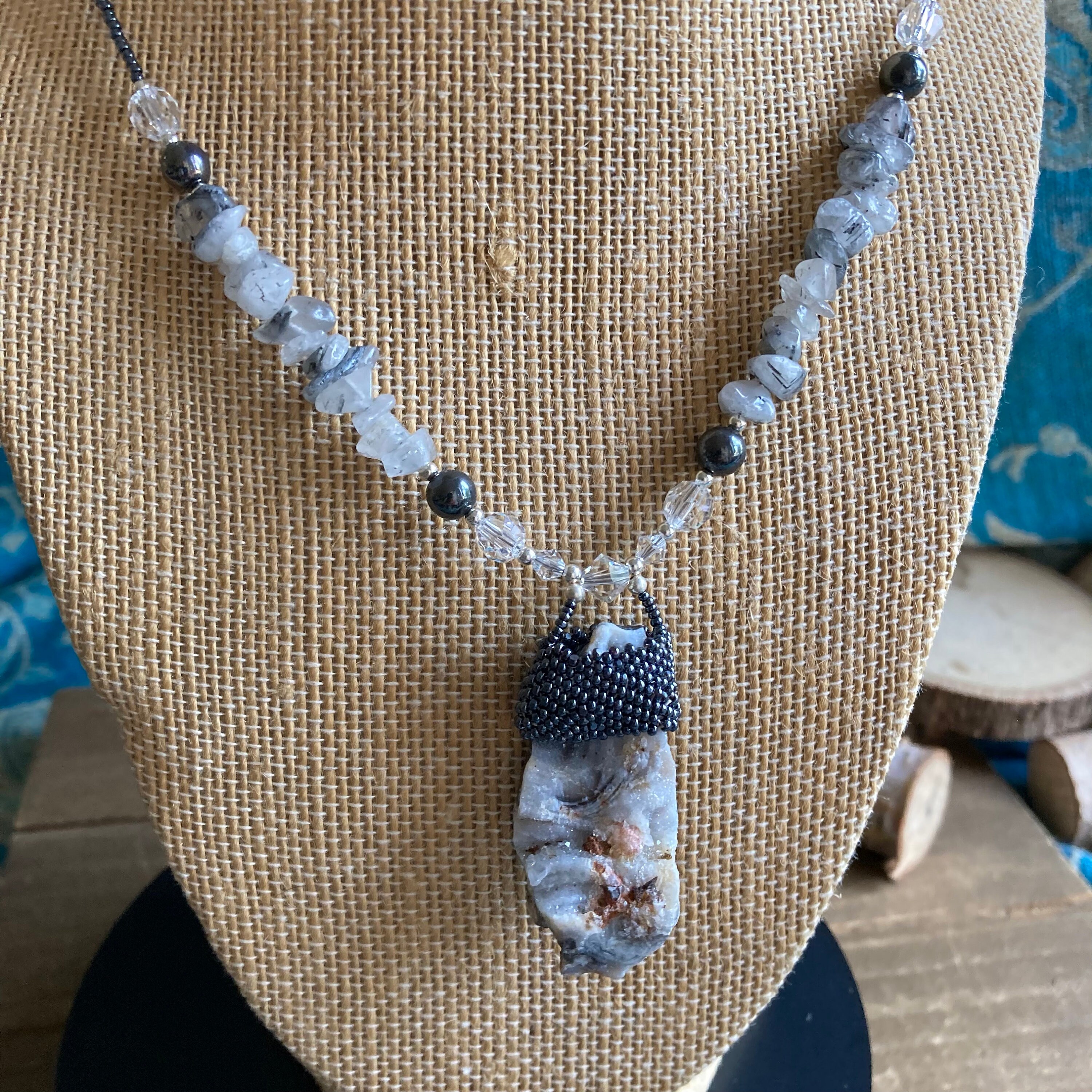 Peyote Beaded Necklace Crystal Wrap Druzy Peyote Stone Pendant