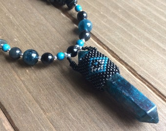 Apatite necklace stone wrapped gemstone blue peyote seed beaded necklace black point Basque American boho unique jewelry for women men SLD