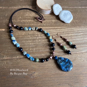Boho necklace Chrysocolla pendant set beaded necklace earrings set copper natural stone blue set handmade black unique jewelry for women 22