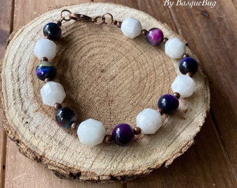 Moonstone bracelet gemstone Rainbow cats eye natural stone bracelet purple white energy prism handmade gift unique hippie jewelry for women