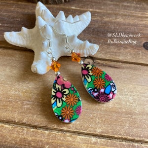 70s earrings daisy art painted shell Swarovski crystal dangle artisan jewelry orange bohemian garden hippie gift unique silver jewelry women
