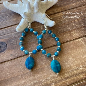 Boho earrings blue apatite natural stone dangle earrings hippie wire wrap handmade silver earrings hoop unique jewelry earrings for women