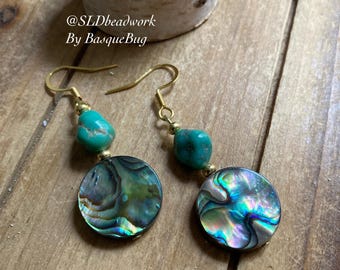 Abalone earrings turquoise genuine gemstone beach handmade jewelry gifts blue stones dangle bohemian gold circle shells summer hippie women