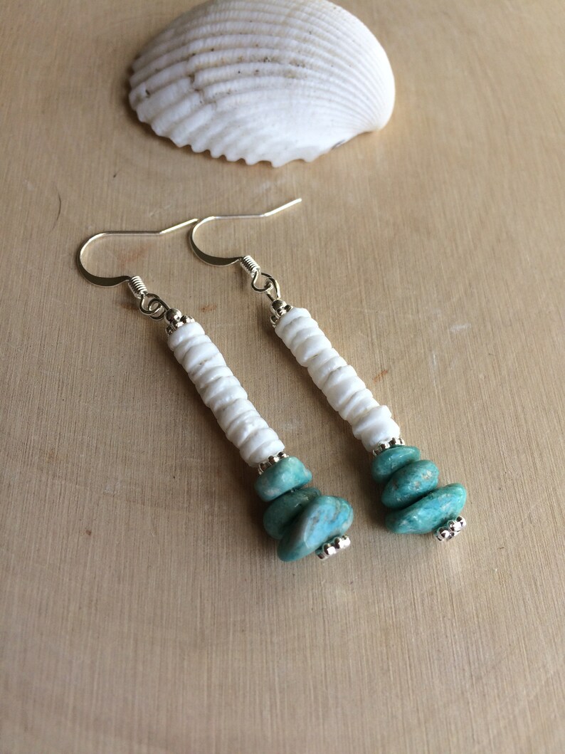 Puka shell earrings sea green blue amazonite natural stone errings dangle surfer earrings boho hippie tribal native SLD unique jewelry women