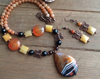 Fall Jewelry set necklace earring set burnt orange set boho carnelian set tribal handmade copper set gift stone unique jewelry for women SLD