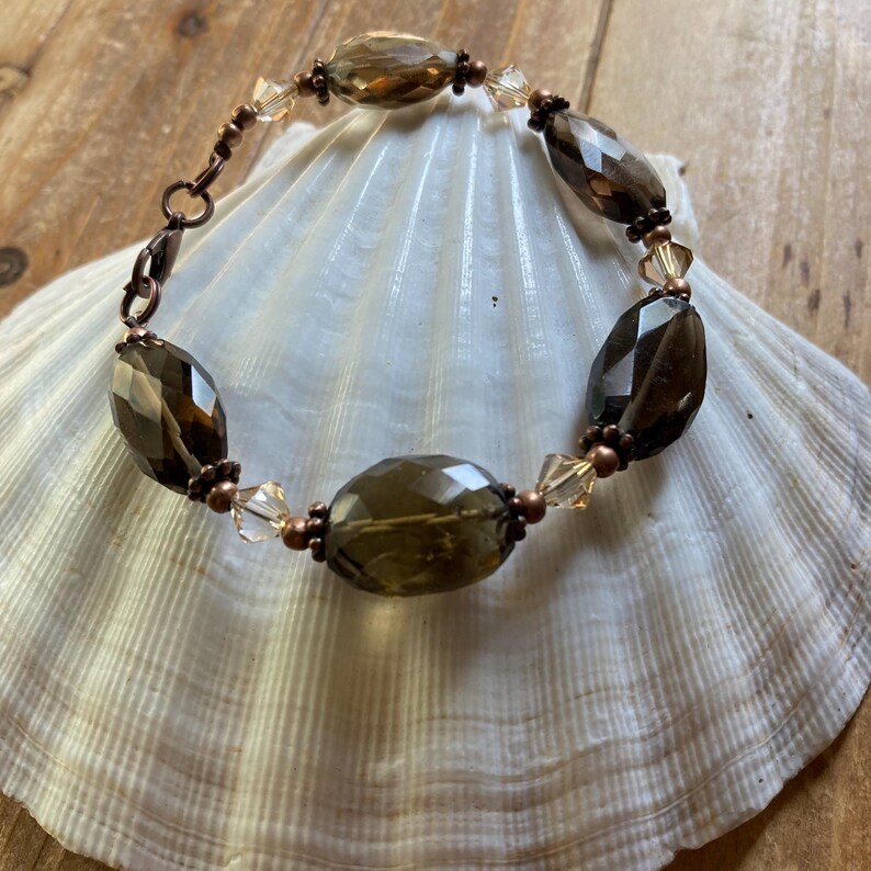 Smokey Quartz Bracelet Tribal Vintage Swarovski Crystal Gemstone Handmade Travel Festival Gift