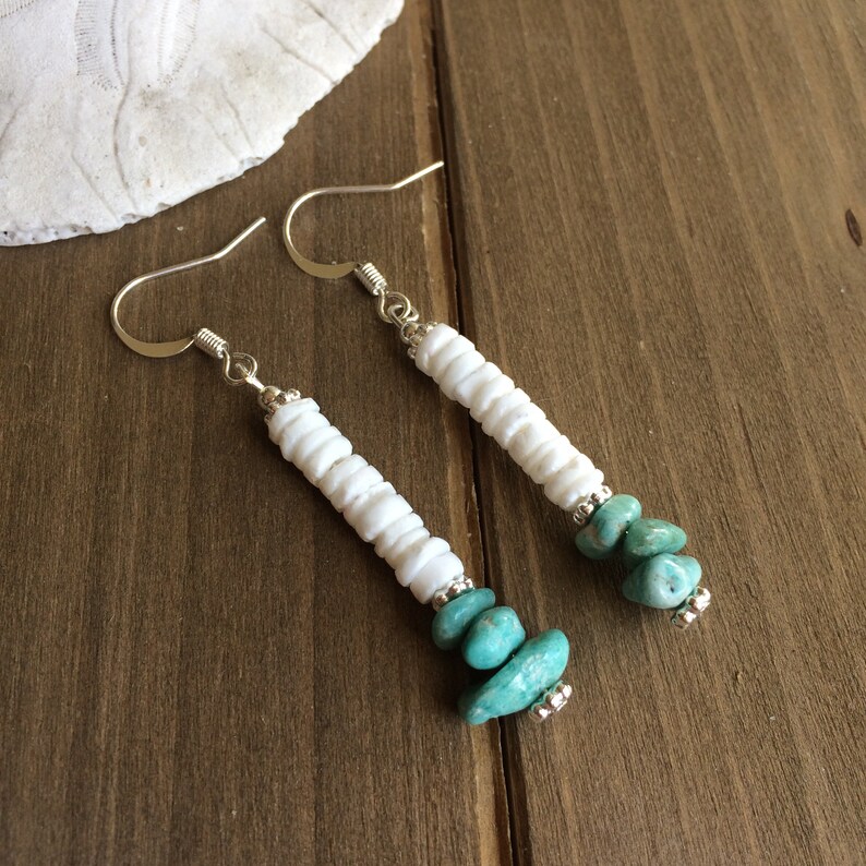 Puka shell earrings sea green blue amazonite natural stone errings dangle surfer earrings boho hippie tribal native SLD unique jewelry women