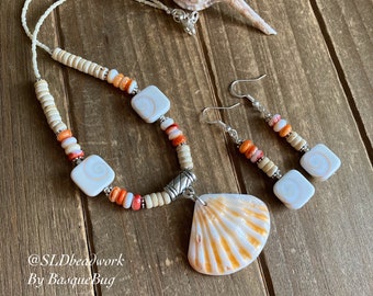 Summer necklace Orange spiny oyster rare earrings set beach beaded boho puka shell necklace set Handmade silver unique jewelry for women 16