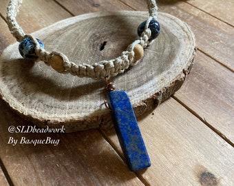 Blue necklace hemp lapis lazuli natural necklace choker boho hippie tribal wood handmade festival art gift for him unique jewelry for women