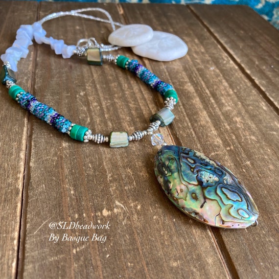 Abalone Necklace Native Beaded Peyote Necklace Turquoise Handmade Beach  Necklace Surf Blue Lace Agate Necklace Unique Jewelry for Women 23 