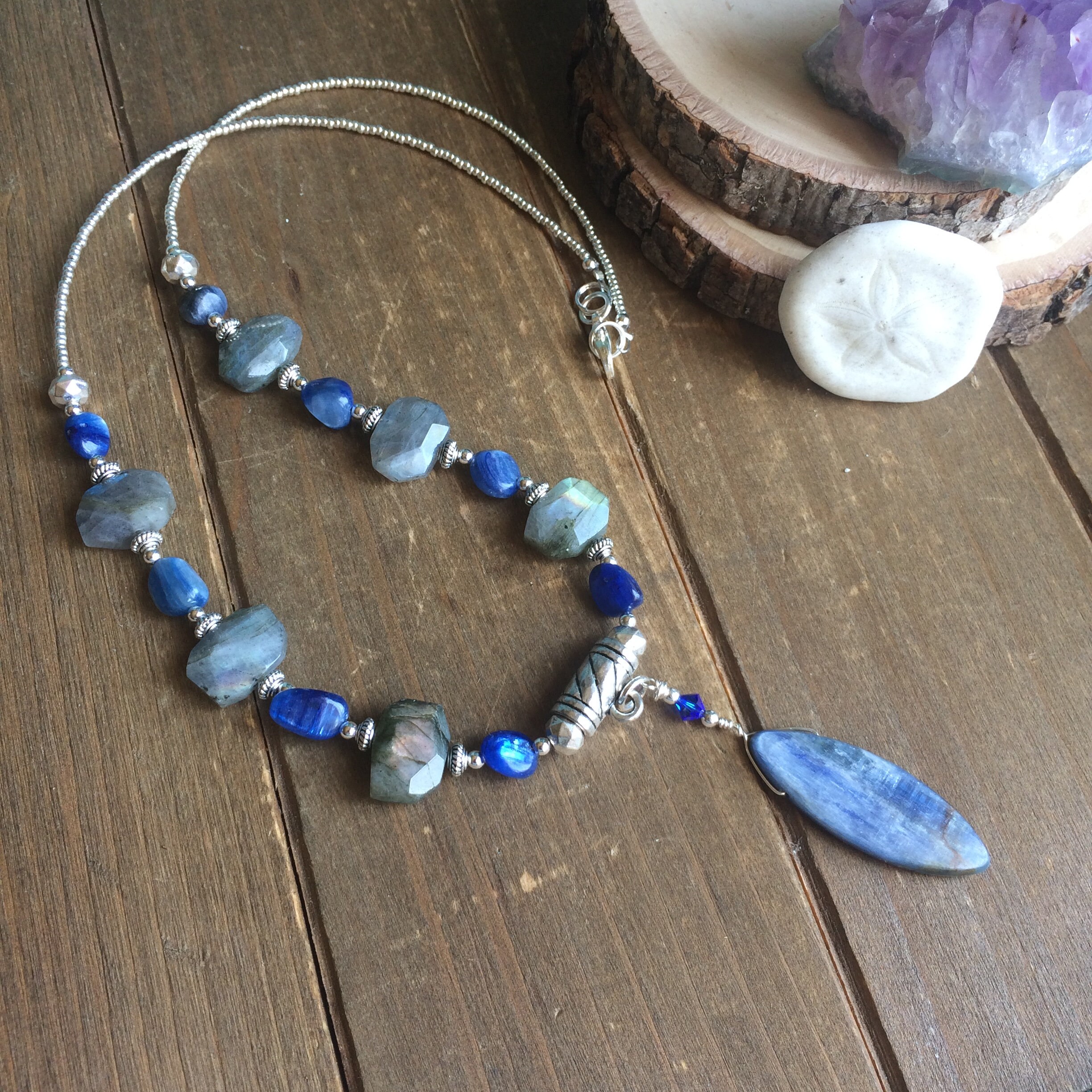 ◇Primaute◇ BLUE BEADS CRYSTAL NECKLACE 925 Sterling Silver White Sapphire and Lapis Beads Necklace
