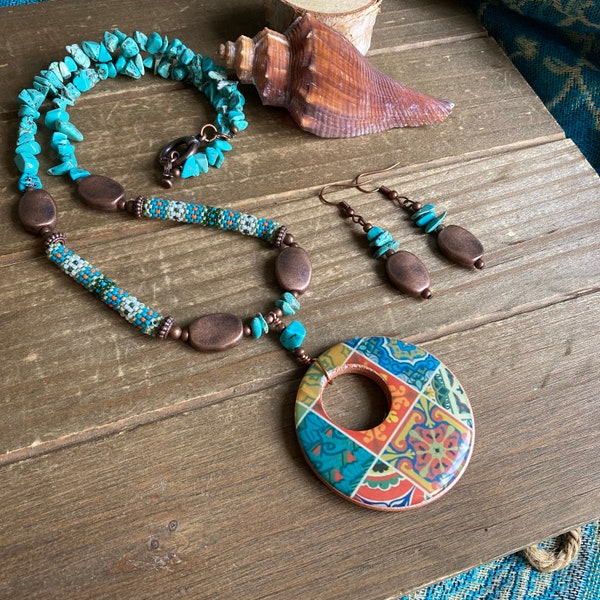 Turquoise necklace beaded set stone necklace earrings set tribal Basque American beads set copper gift unique boho deco jewelry for women