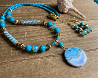 Waves necklace ceramic turquoise stone necklace blue earrings set seed beaded Basque American gift gold unique boho jewelry for women 20