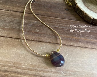 Purple fluorite minimalist necklace gemstone choker gold natural princess unique teardrop boho style beaded rainbow stone jewelry for women