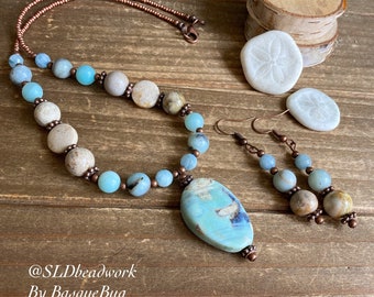 Boho necklace set blue terra agate pendant set beaded necklace earrings set copper stone set handmade tribal gift unique jewelry women 18