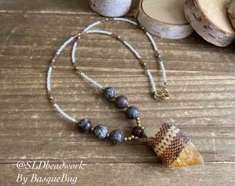 Citrine necklace wrap crystal seed beaded necklace peyote beaded jewelry Basque American handmade tribal boho gift unique jewelry women men