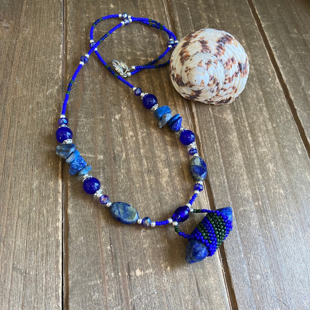 Peyote Beaded Necklace Blue Lapis Lazuli Gemstone Necklace - Etsy