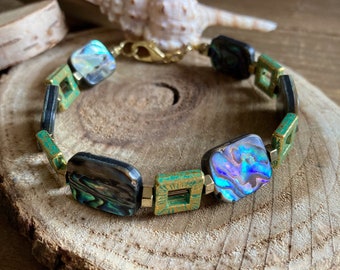 Pewter bracelet abalone women beach shell bracelet festival ocean bracelet handmade rectangle bracelet boho unique jewelry for women 8