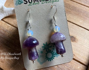 Mushroom earrings purple amethyst gemstone handmade dangle bohemian hippie silver earrings drop cubensis opal garden jewelry earrings women