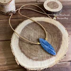 Kyanite necklace minimalist blue hand cut stone choker gold natural gemstone marquis boho unique art beaded fashion jewelry necklace women