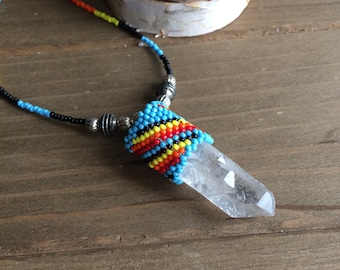 Peyote beaded necklace crystal wrapped handmade jewelry crystal pendant Basque American jewelry seed beaded necklace boho jewelry for women