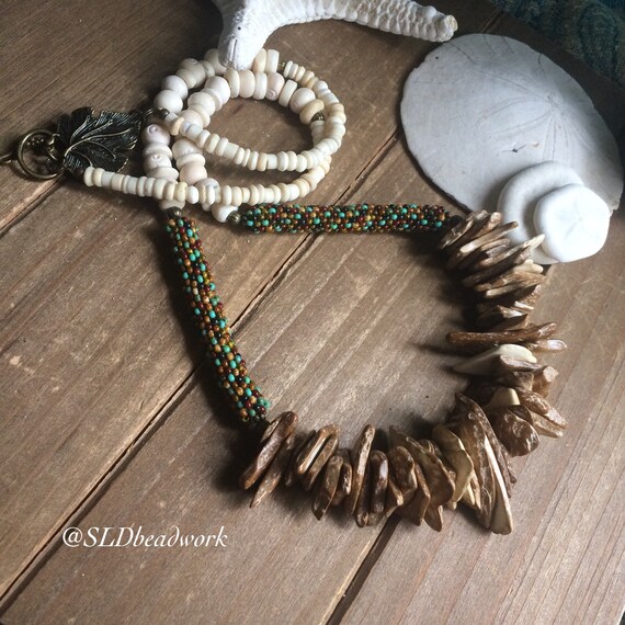 Wood Cross Pendant on Brown Coconut and Puka Shell Beads Necklace