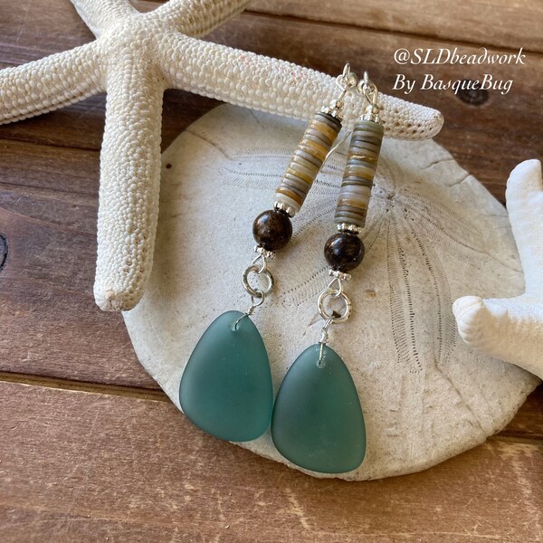 Beach earrings sea glass teal earrings long boho tropical bohemian earrings bronzite silver Tahitian puka shell unique jewelry for women