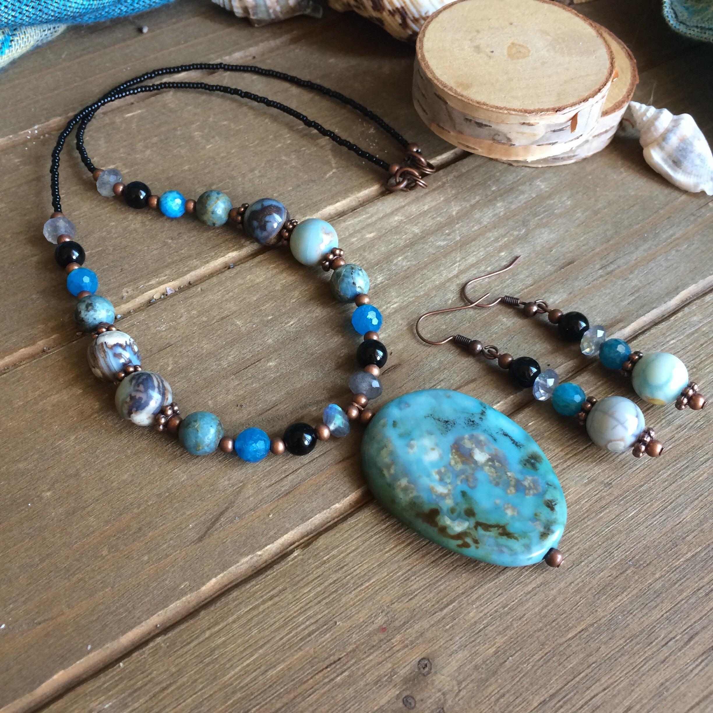 Boho necklace set blue terra agate pendant set beaded necklace | Etsy