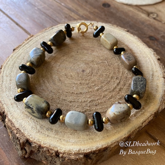 River Rock Bracelet Black Czech Beads Natural Stone Handmade