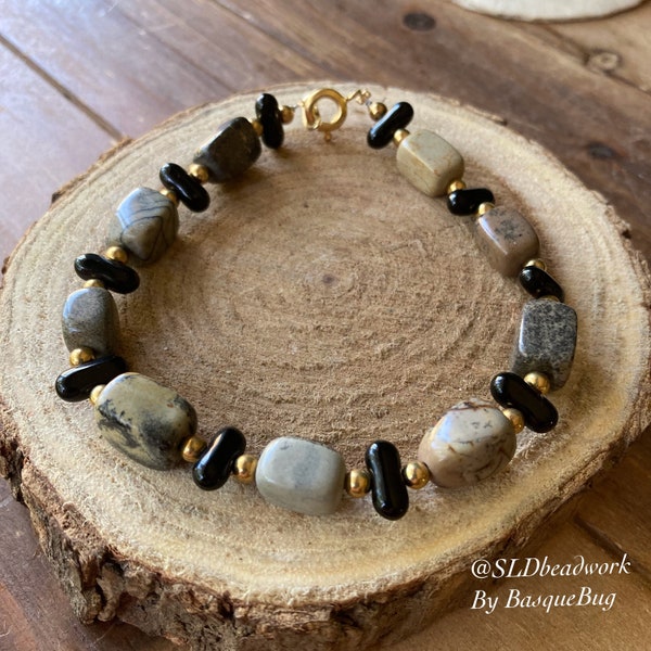 River rock bracelet black Czech beads natural stone handmade beaded stones boho tribal native hippie unique southwestern gold jewelry women