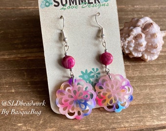 Pink earrings lucite floral earrings multi color stone snowflake earrings violet gift silver earrings dangle boho gift unique earrings women