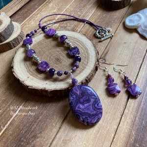 Purple crazy lace agate jewelry set natural stone amethyst necklace earrings set beaded boho tribal unique silver bohemian jewelry for women