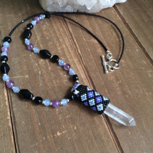 Crystal wrap necklace seed beaded peyote amethyst purple Basque American jewelry boho hippie handmade necklace gift unique jewelry for women
