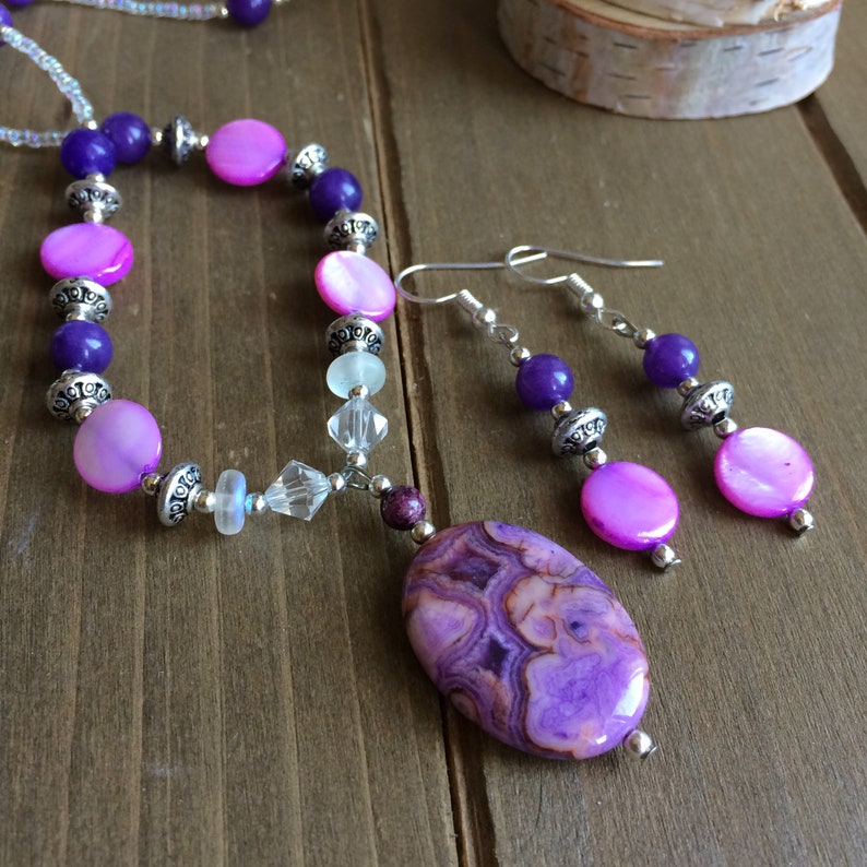 Purple crazy lace agate jewelry set natural stone necklace earrings set pink violet shell beaded boho tribal unique jewelry for women SLD