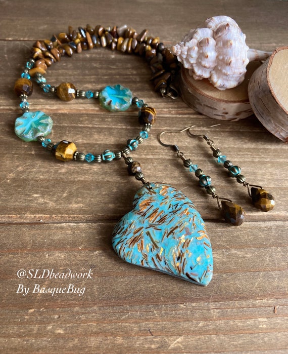Stone Heart Necklace Set Boho Necklace Earrings Set Blue Agate Bronze Set  Natural Stone Czech Glass Tiger Eye Gift Unique Jewelry Women 20 