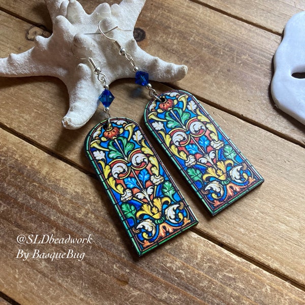 Tapestry earrings cathedral wood painted handmade jewelry vintage Swarovski Crystal boho tribal native hippie long silver jewelry for women