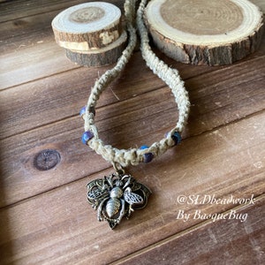 Bumble Bee necklace hemp pewter medal bronze choker boho hippie blue ceramic beads save the bees animal tie nature art jewelry for women men