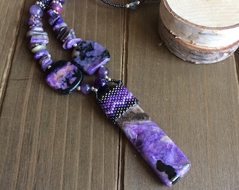 Charoite necklace stone wrapped seed beaded peyote purple necklace gemstone pendant boho tribal amethyst Basque American bead jewelry women