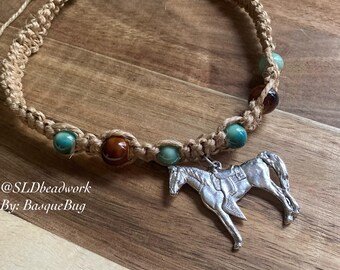 Horse necklace hemp choker saddle horses mustang boho brown blue ceramic beads artisan animal tie nature art handmade gift jewelry women men