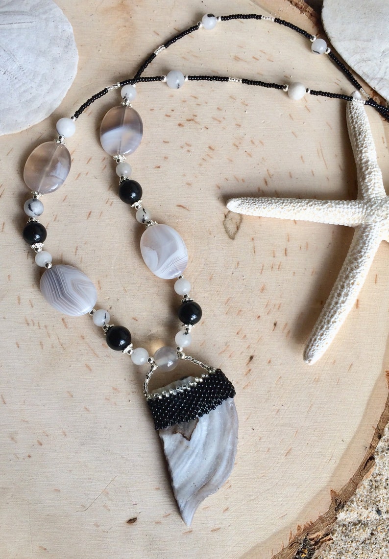 Peyote beaded necklace gray lace agate druzy Necklace black boho necklace hippie crystal necklace stone 18 inch SLD unique jewelry women men