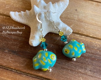 Fish earrings blue green crystal earrings porcelain stone ceramic dangle animal earrings tropical phish beach boho silver jewelry for women