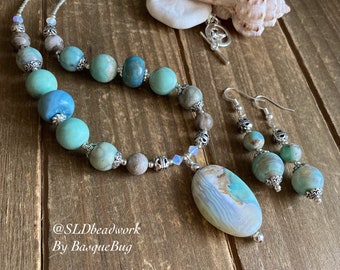 Boho necklace set blue terra agate pendant set beaded necklace earrings set silver stone set handmade tribal unique jewelry for women 20