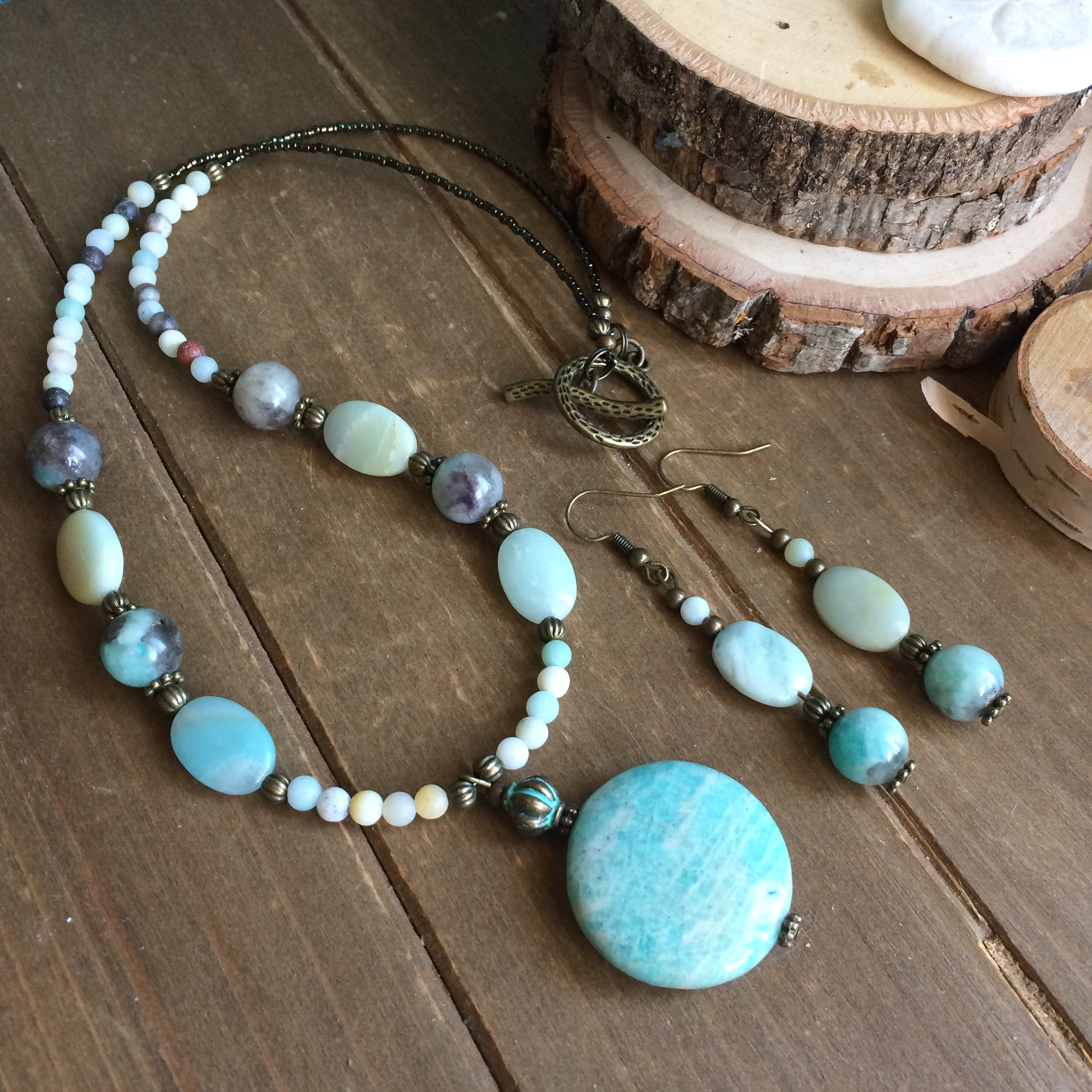 Amazonite Necklace Set Blue Stone Pendant Set Beaded Jewelry | Etsy